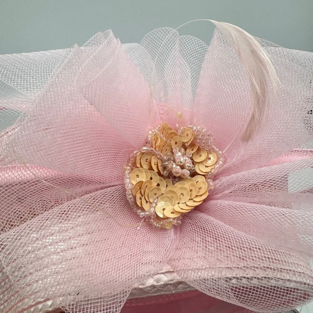 Pink Pillbox Fascinator Hat Mesh Tulle Flower Sequin Rhinestone Tea Party Hat